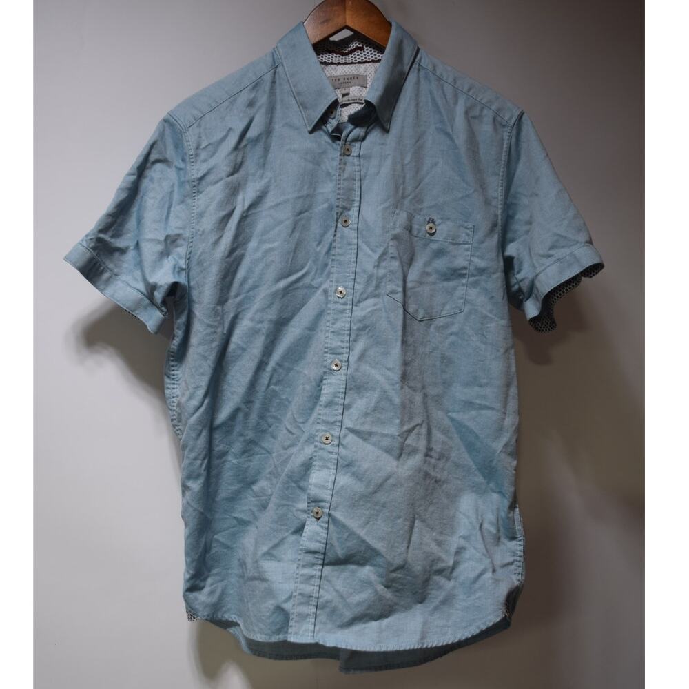 Ted Baker London Light Blue Stretch Short Sleeve Button Shirt Men's Size 4 Large